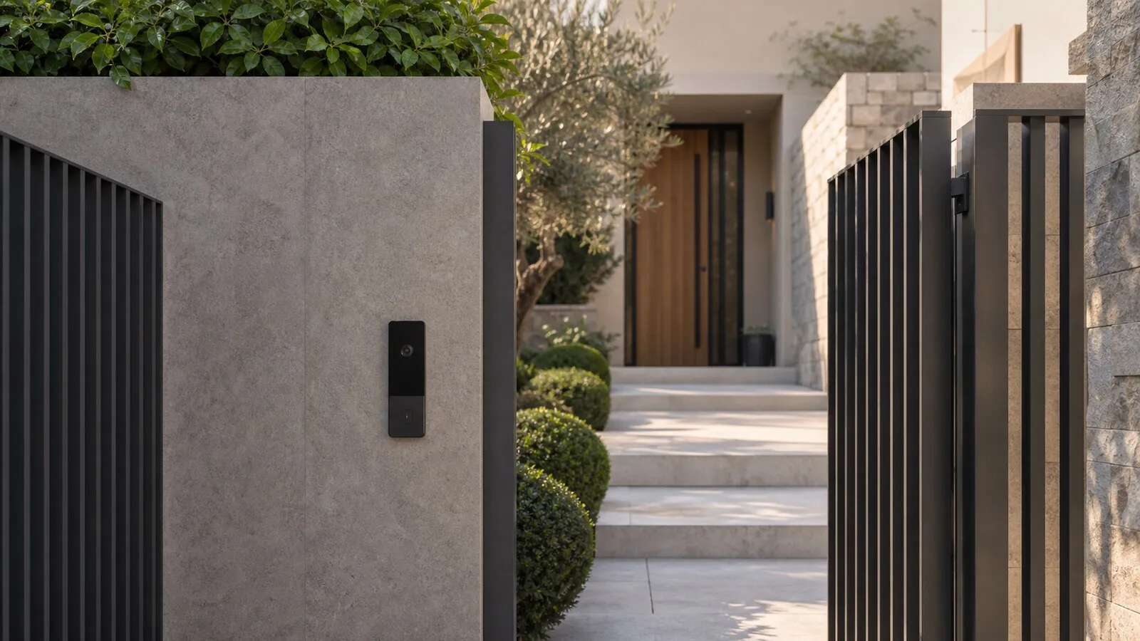 Cancello pedonale di residenza privata con lettore discreto, videocitofono integrato e illuminazione del vialetto