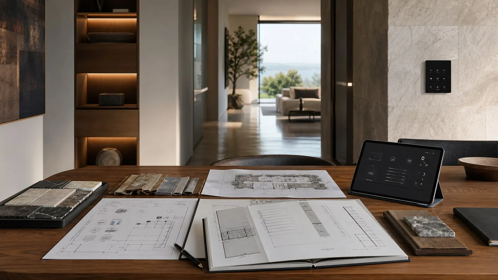 Tavolo di consulenza con planimetrie, campioni finitura e interfacce domotiche per scegliere l'integratore