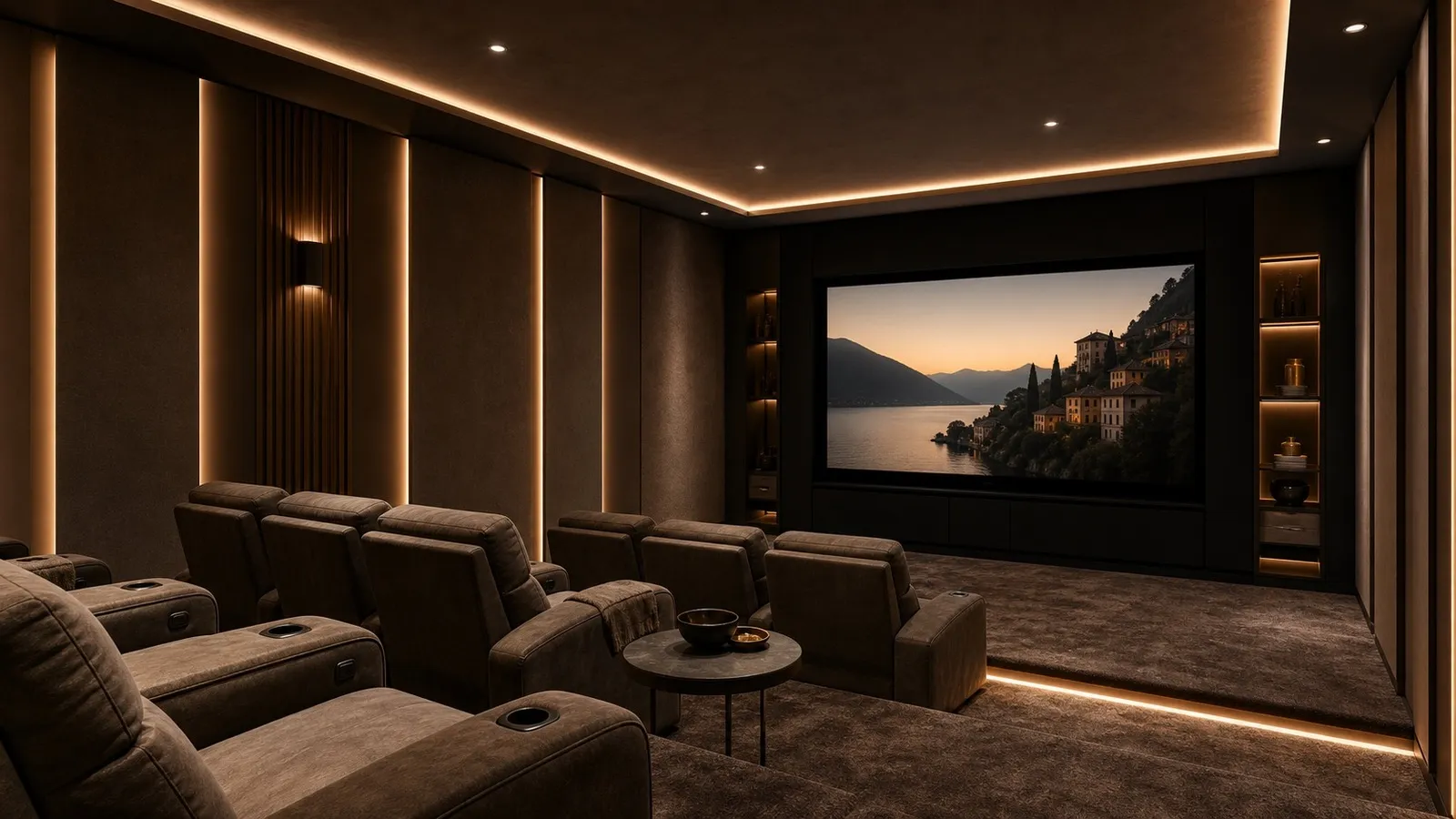 Fila di poltrone reclinabili davanti a gradoni rivestiti, segnapasso integrati e pannelli scuri in una sala cinema privata