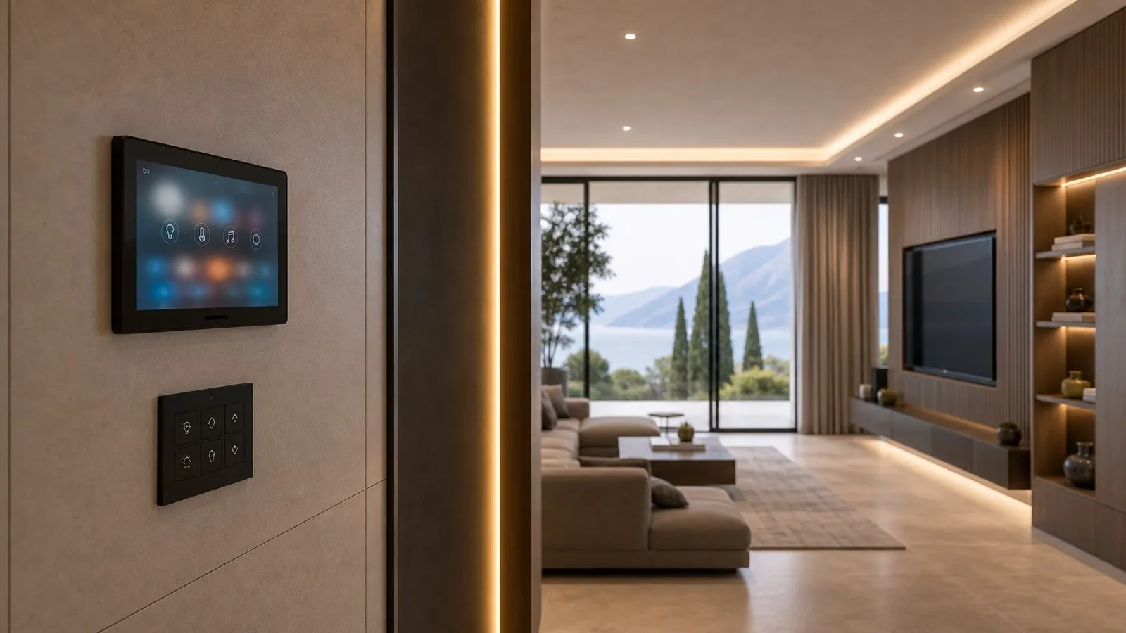 Console domotica con touchscreen, keypad e dettagli di quadro tecnico sullo sfondo di una casa contemporanea