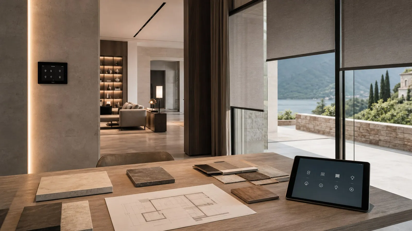 Tavolo di progettazione con planimetrie, tablet domotico e campioni materiali in una villa di pregio