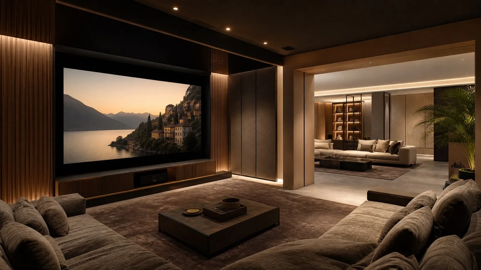 Soggiorno elegante con grande schermo integrato, diffusori discreti e tenda motorizzata accanto a una zona relax