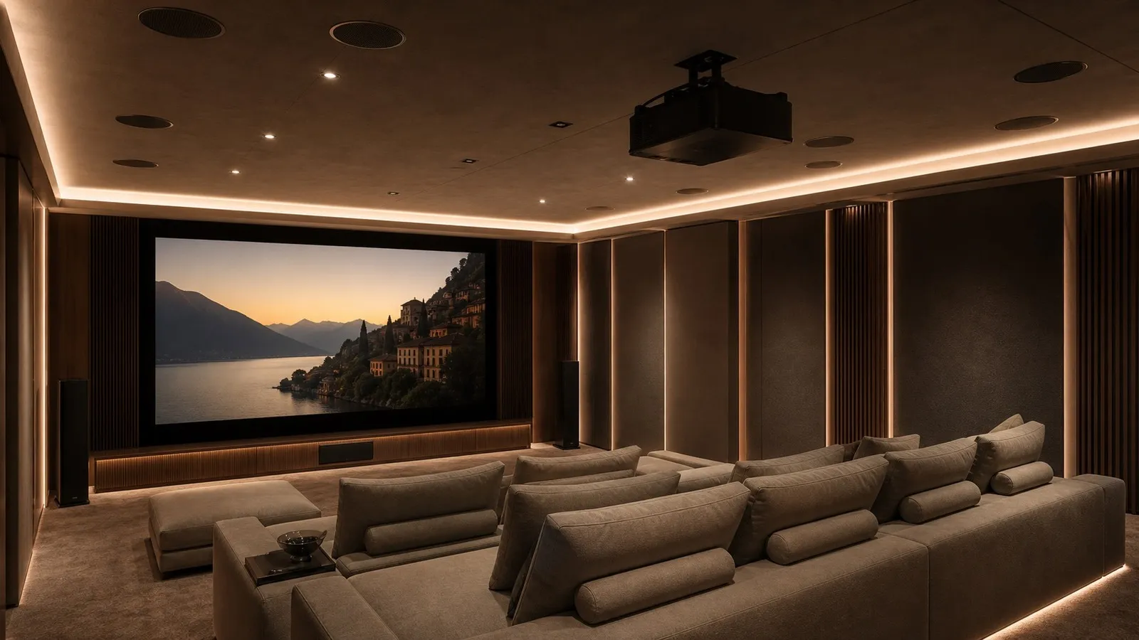 Soffitto di sala cinema con diffusori height incassati, strip LED perimetrali e sedute orientate verso lo schermo