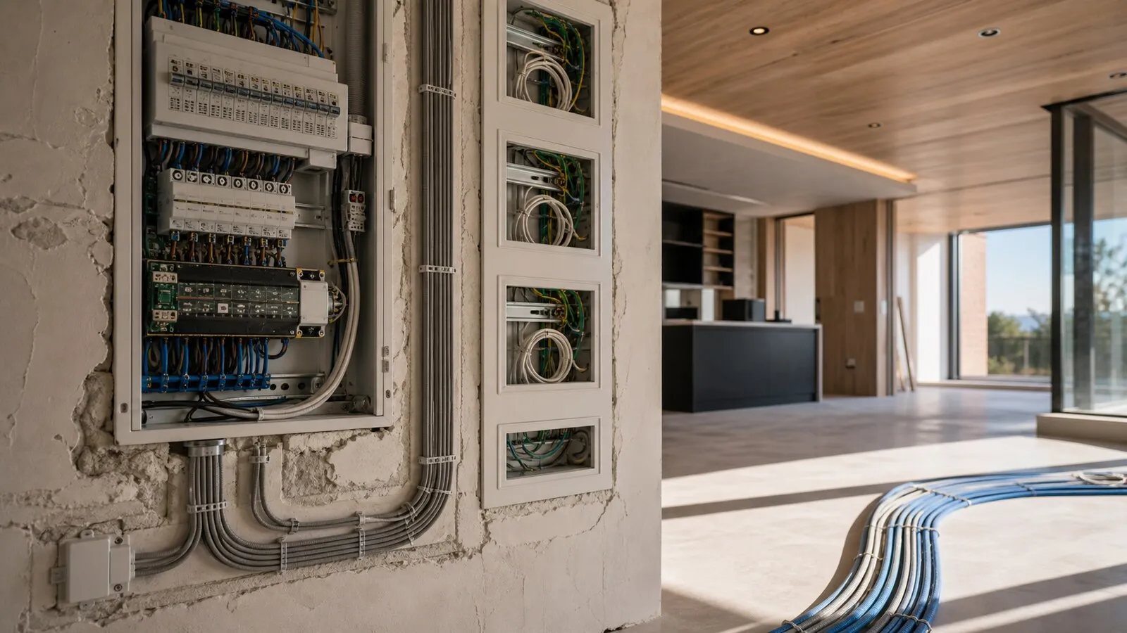 Residential electrical panel with automation modules, clear labels and technical plan on a workbench