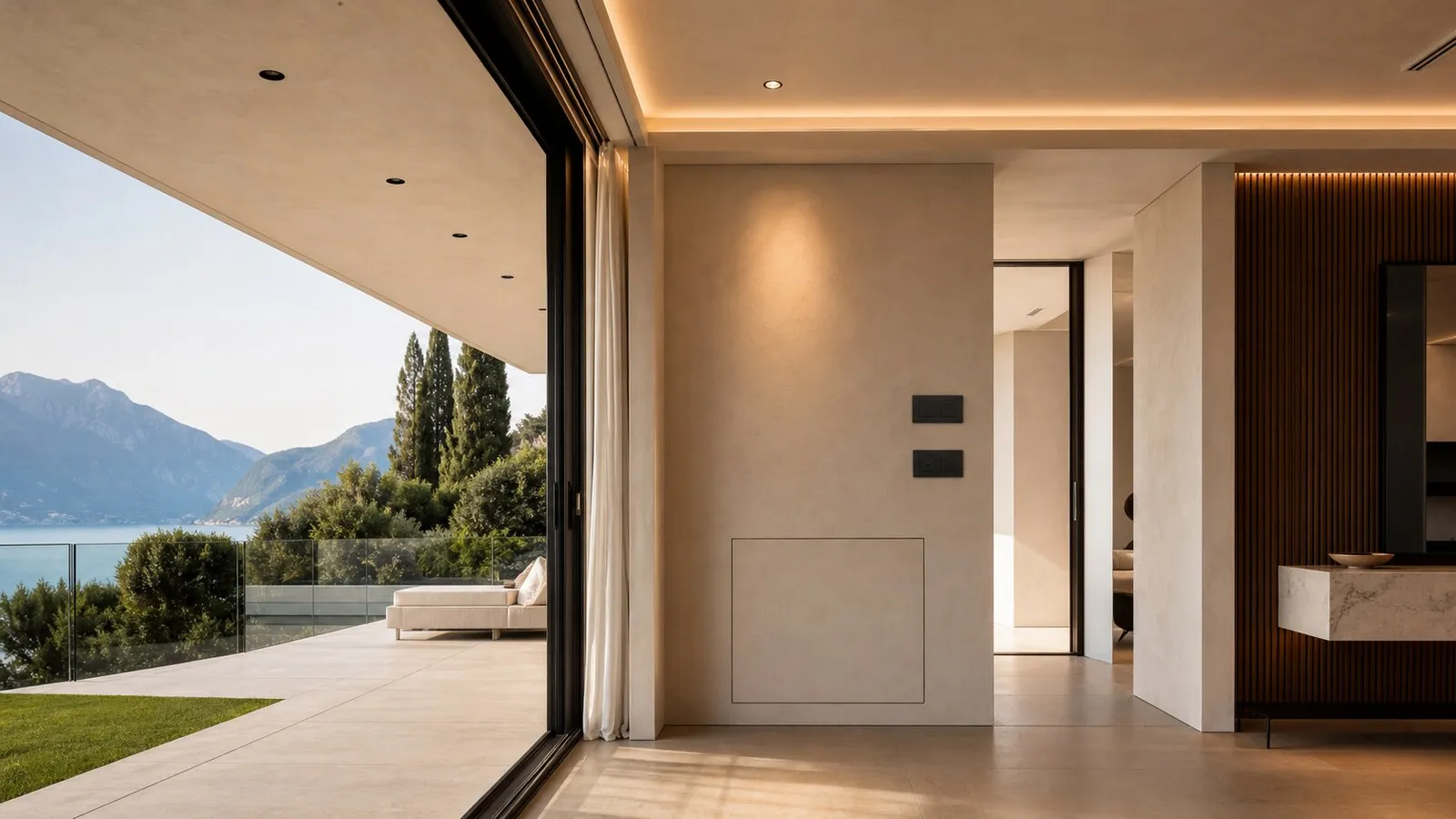 Contemporary villa being assessed with technical floor plans on the table, natural light and integrated systems details