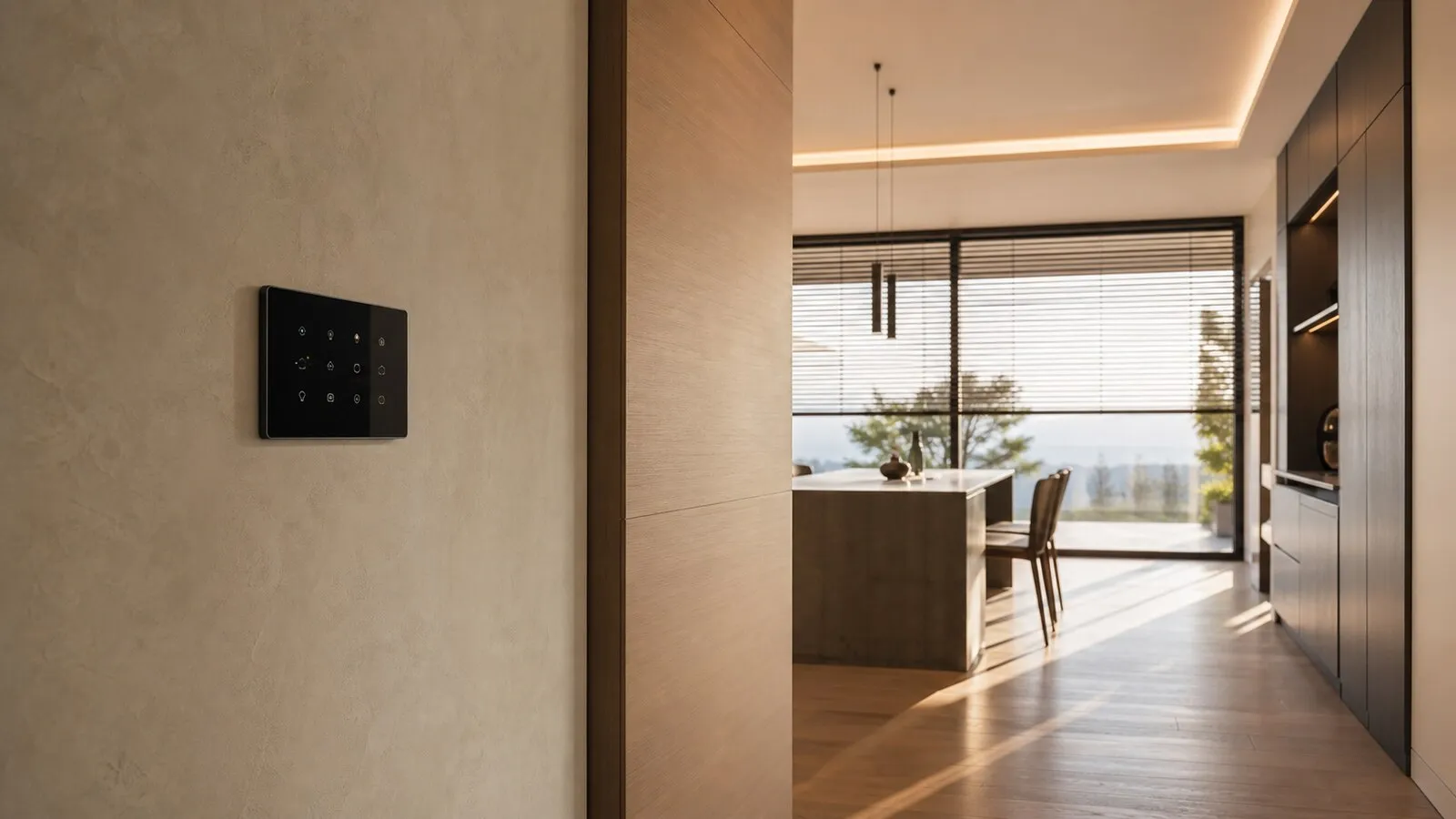 Dettaglio di touchscreen domotico con rete cablata ordinata e keypad vicino a una porta in una casa elegante
