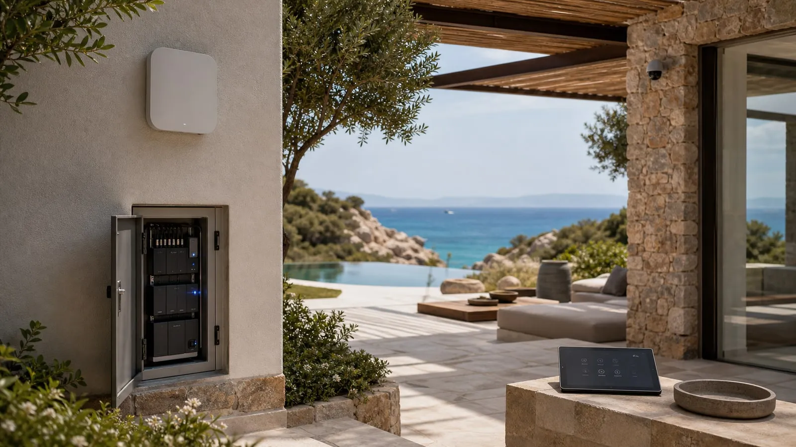 Terrazza di villa contemporanea in Sardegna con dettagli domotici discreti e infrastruttura esterna protetta