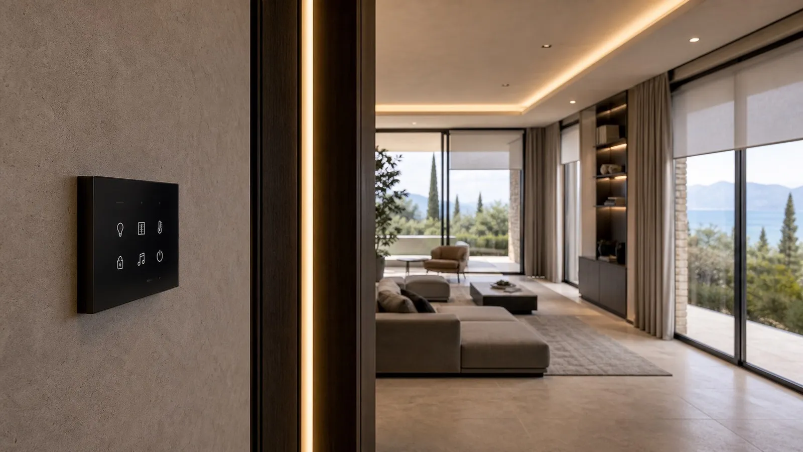 Ingresso di villa moderna con keypad a parete, luci integrate e grandi vetrate schermate da tende motorizzate