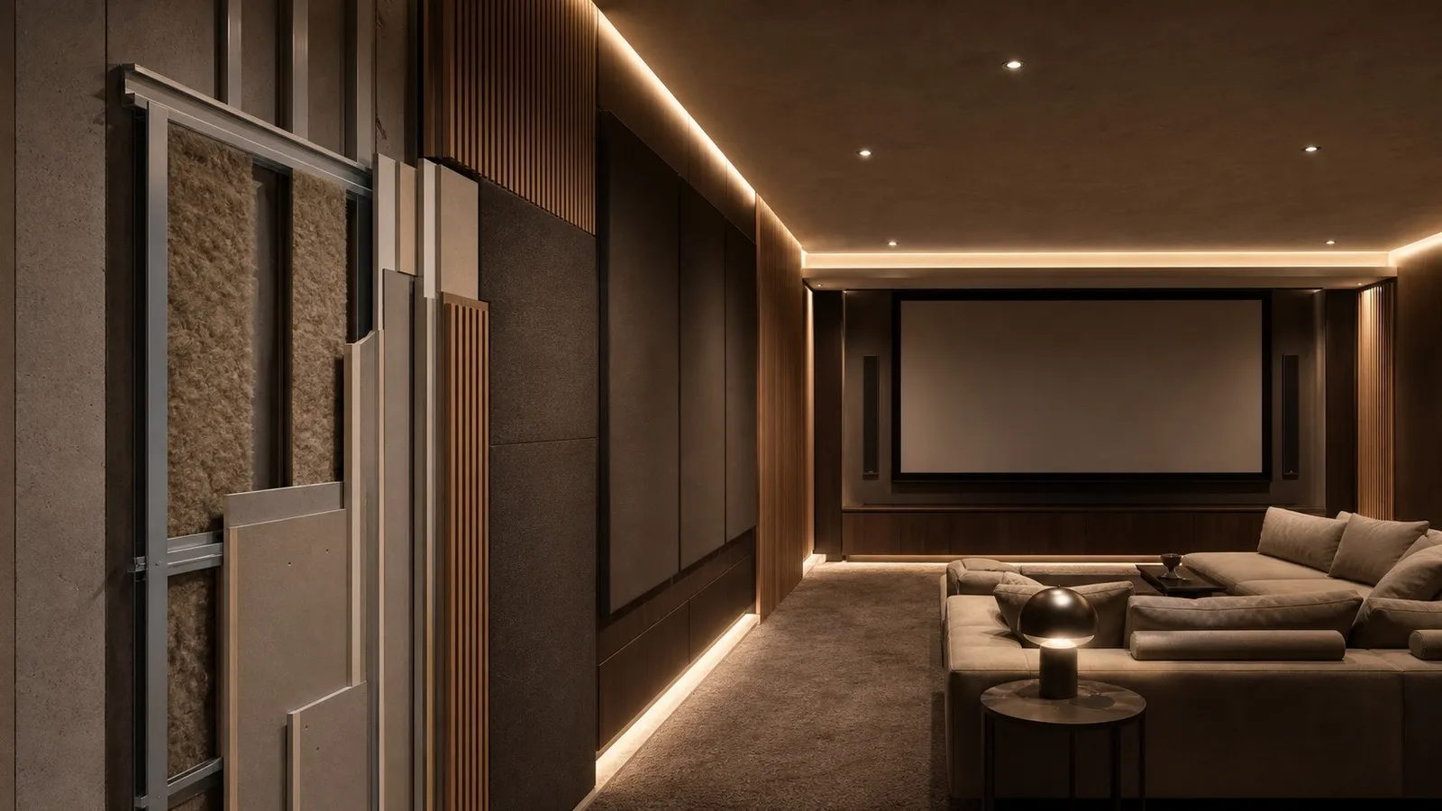 Dettaglio di parete acustica con pannelli rivestiti, porta tecnica sigillata e illuminazione soffusa in una sala cinema