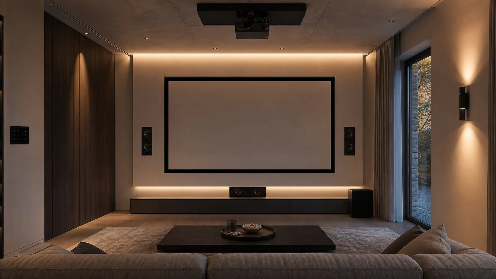 Survey in an empty home with laser measure, floor plan, open technical panel and a wall suited to a cinema room