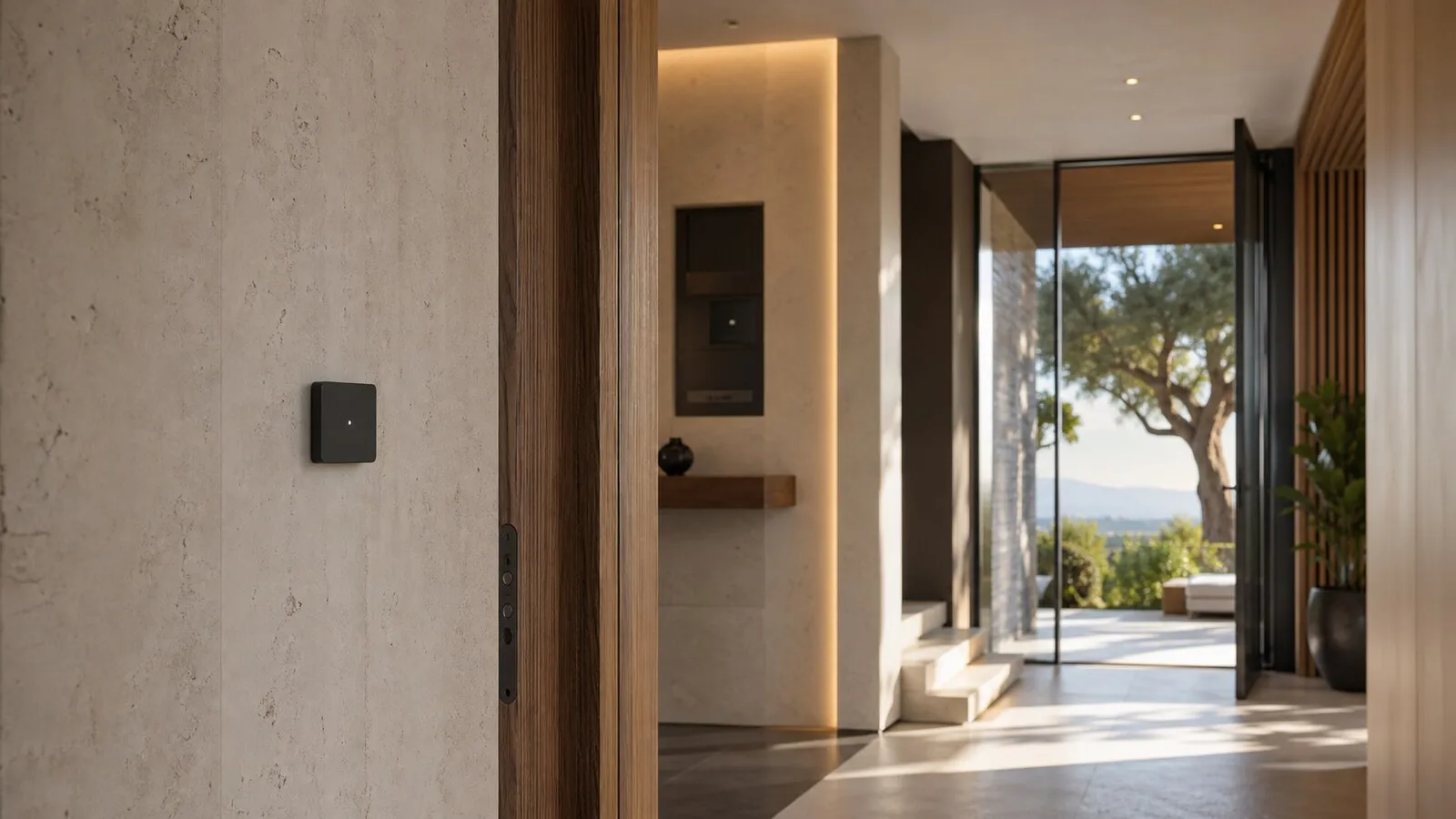 Ingresso di villa con contatto porta discreto, tastierino di sicurezza e illuminazione esterna integrata nel portico