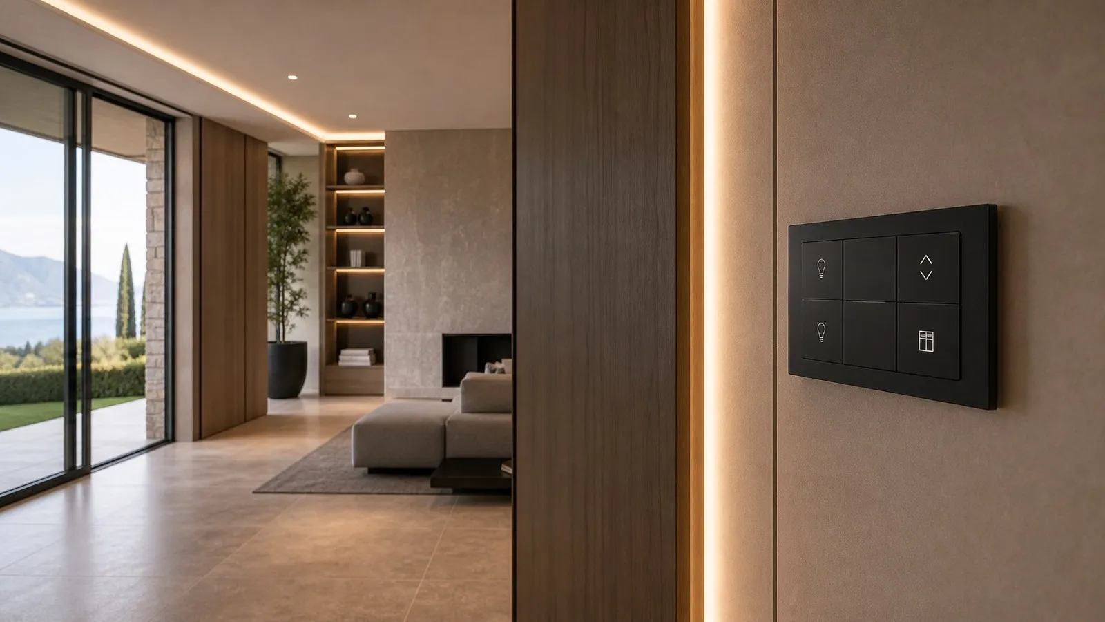 Quadro domotico ordinato con moduli KNX, morsetti etichettati e luce tecnica in un vano impianti residenziale