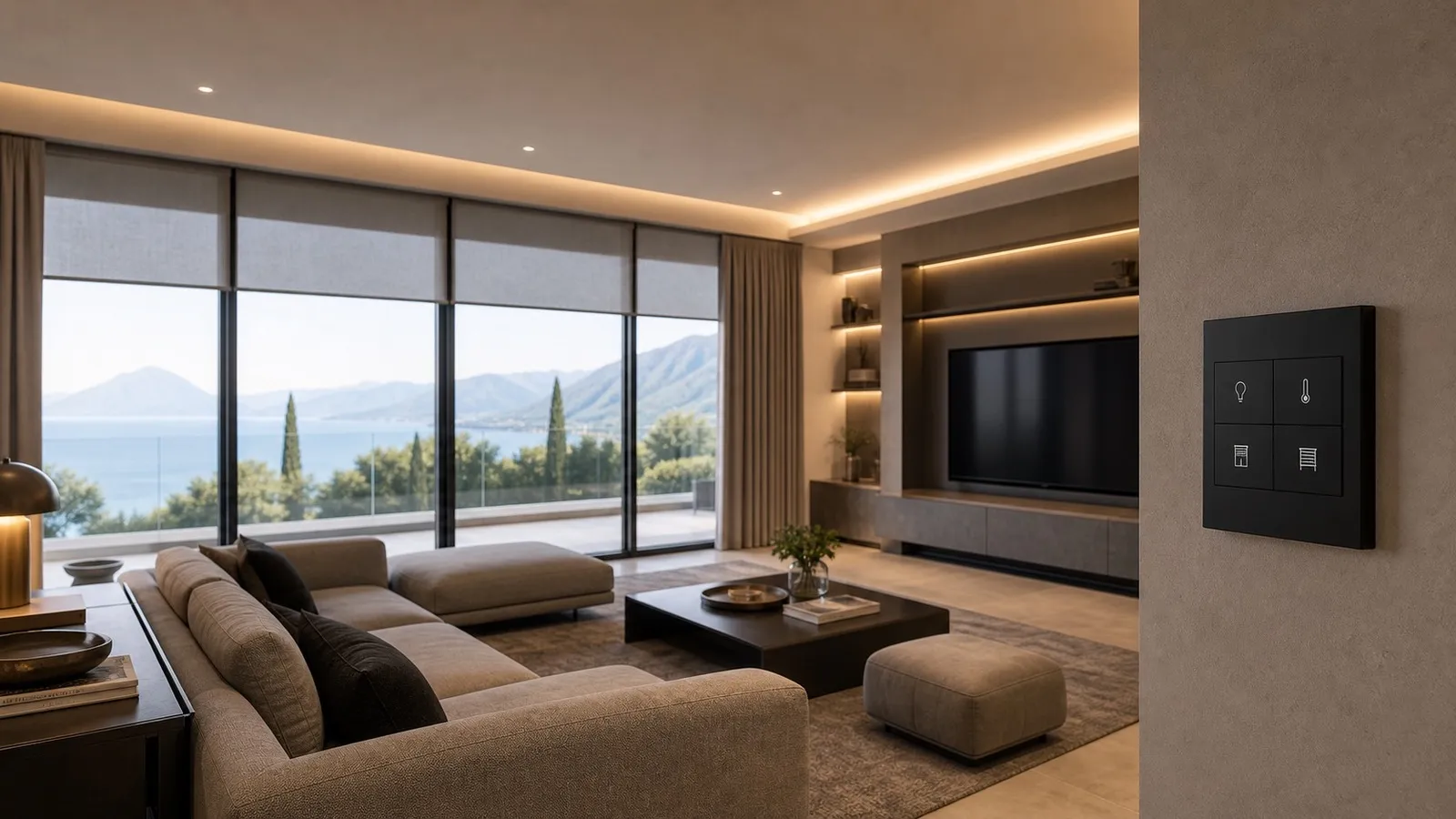 Zona living con luce indiretta, tende motorizzate semichiuse e touchscreen integrato su parete in legno