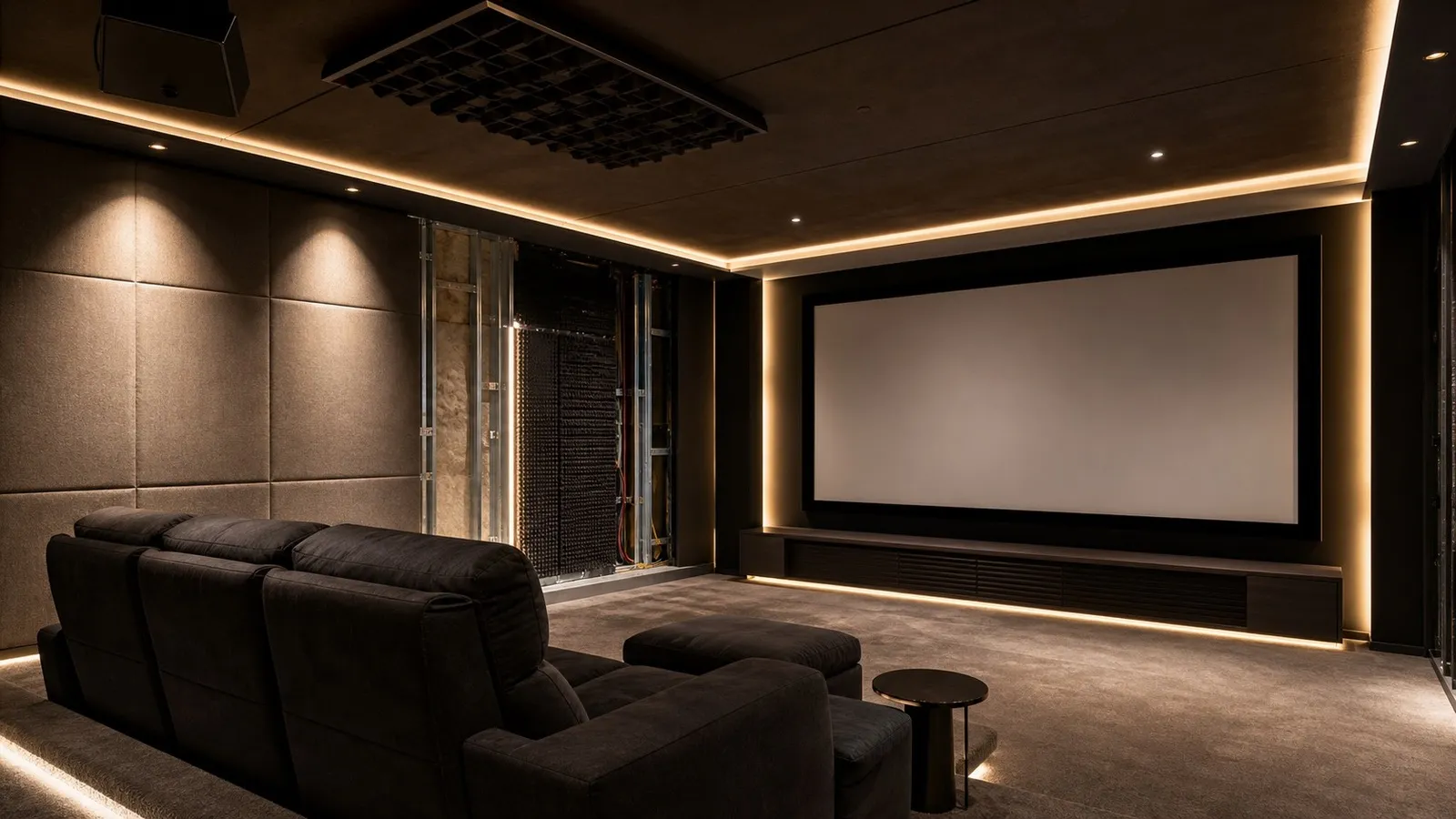 Sala cinema di pregio in fase di controllo con rack aperto, cablaggi ordinati e sedute protette prima della consegna
