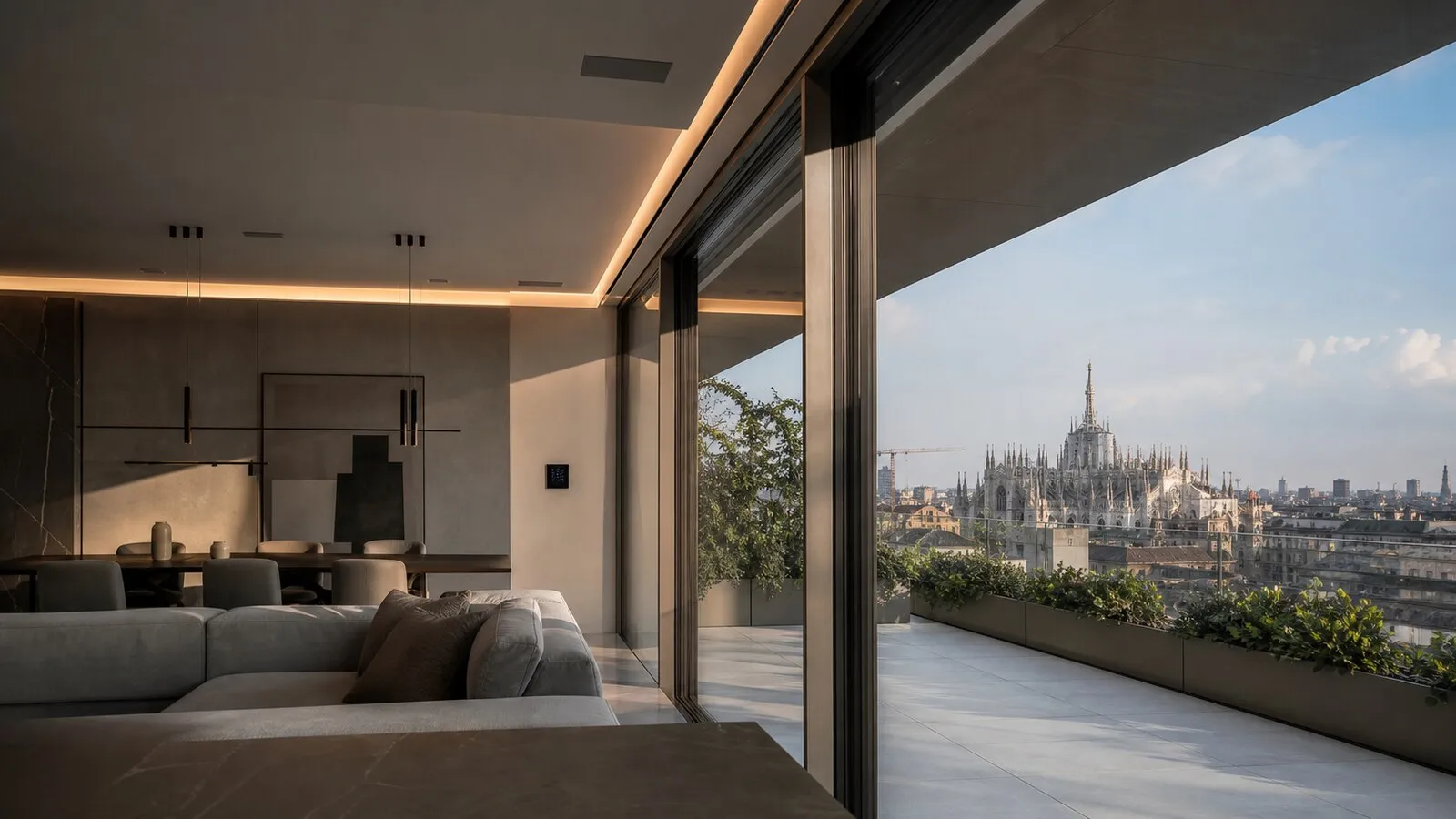 Bright Milan penthouse with terrace, motorized blinds, wall keypad and integrated lighting details