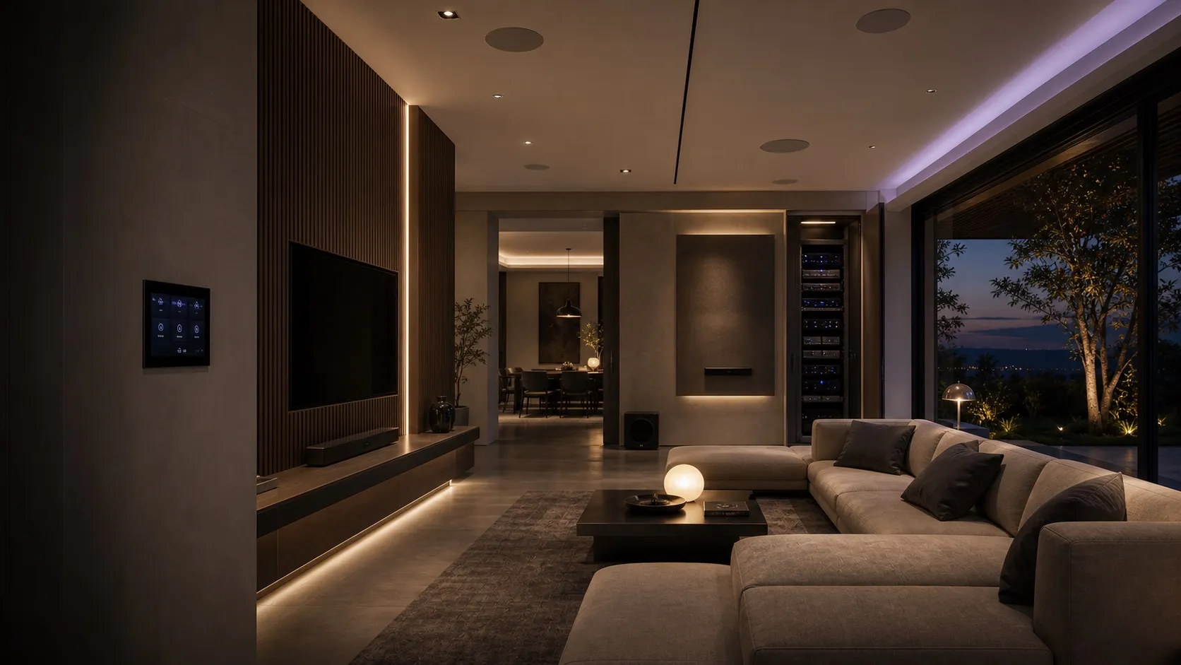 Soggiorno contemporaneo con audio multiroom, domotica e rack tecnico integrati