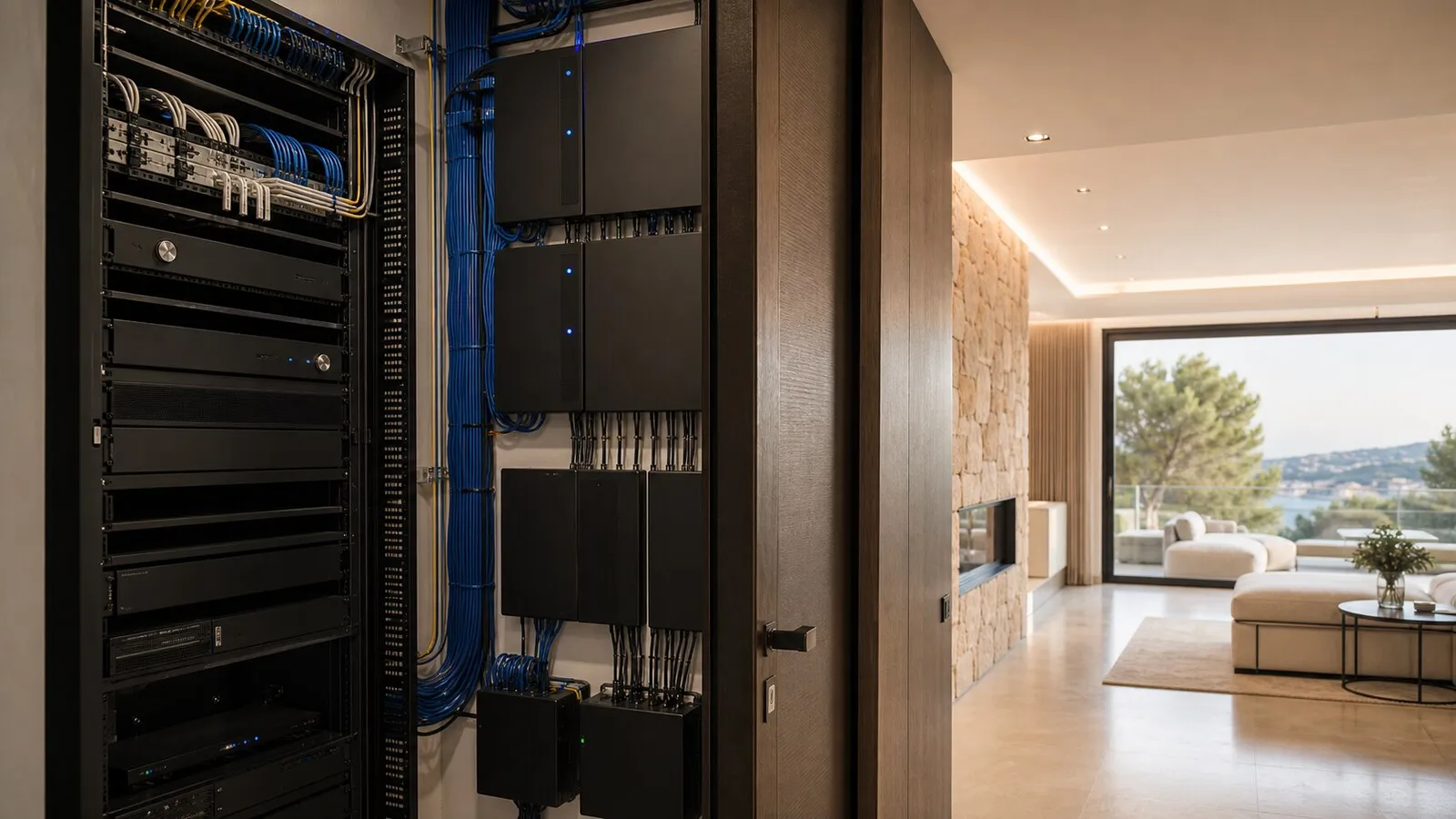 Living di villa con diffusori a soffitto, rack audio visibile in locale tecnico e tablet di controllo su mobile basso