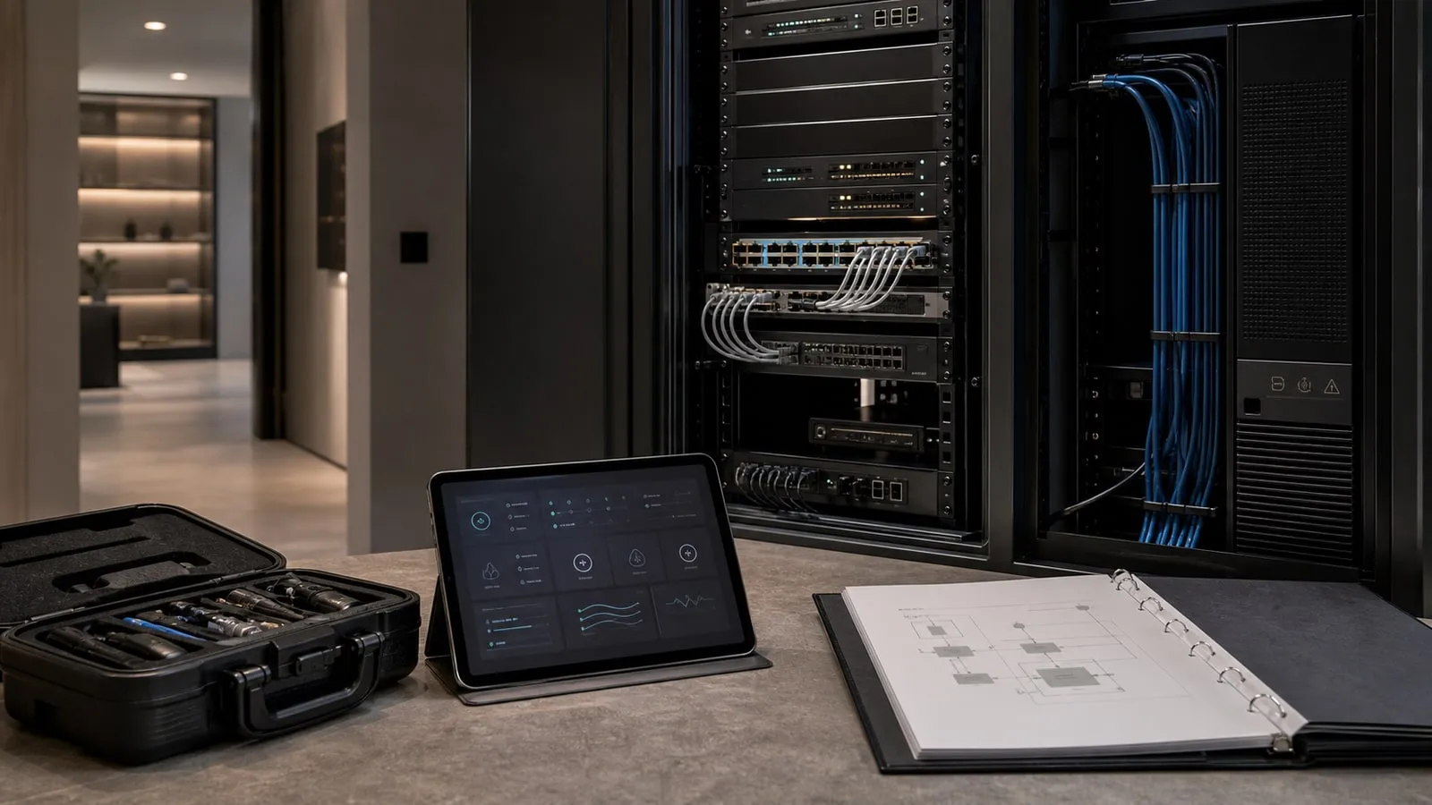 Rack tecnico residenziale ordinato con tablet di monitoraggio e documentazione di manutenzione