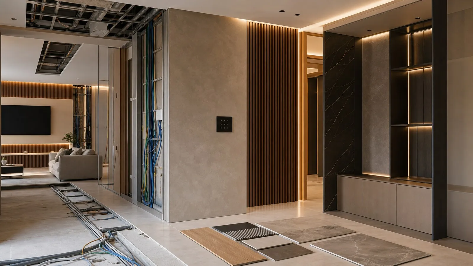 Premium renovation interior with material samples, systems plans and prepared lighting points
