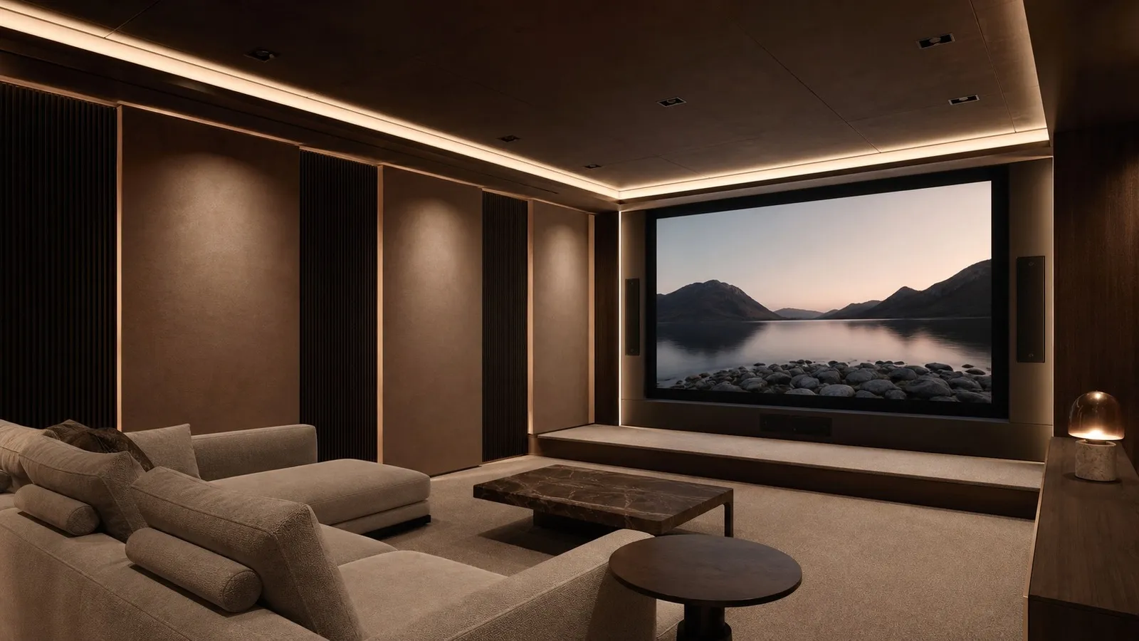 Ambiente cinema in villa contemporanea con schermo a parete, poltrone in pelle e luce radente sui pannelli acustici