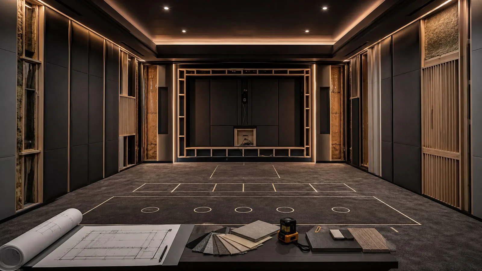 Sala cinema privata in fase di progettazione con pannelli acustici, parete schermo e tracciamenti a pavimento