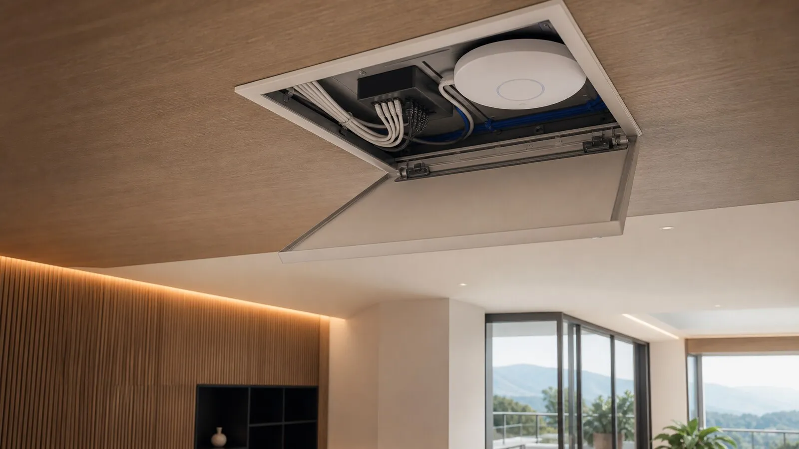 Access point a soffitto in corridoio luminoso con tablet domotico e vista su terrazza di un attico moderno