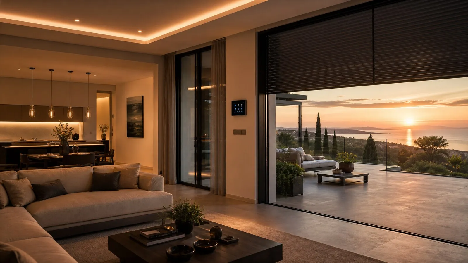 Renovated living area with architectural lighting, integrated blinds and control panel near the entrance