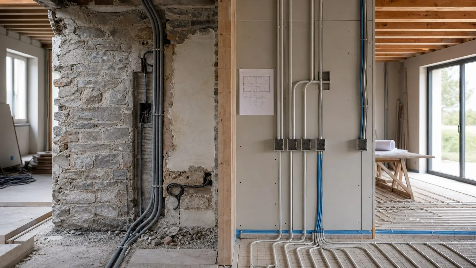 Cantiere residenziale di pregio con parete in ristrutturazione e nuove predisposizioni domotiche pianificate