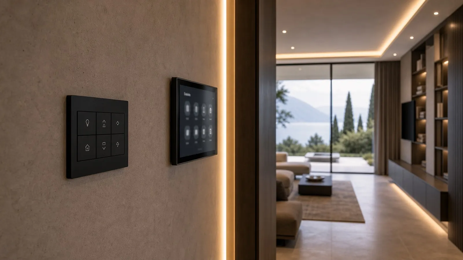 Parete in pietra chiara con keypad minimal, touchscreen incassato e luce di cortesia in un corridoio residenziale