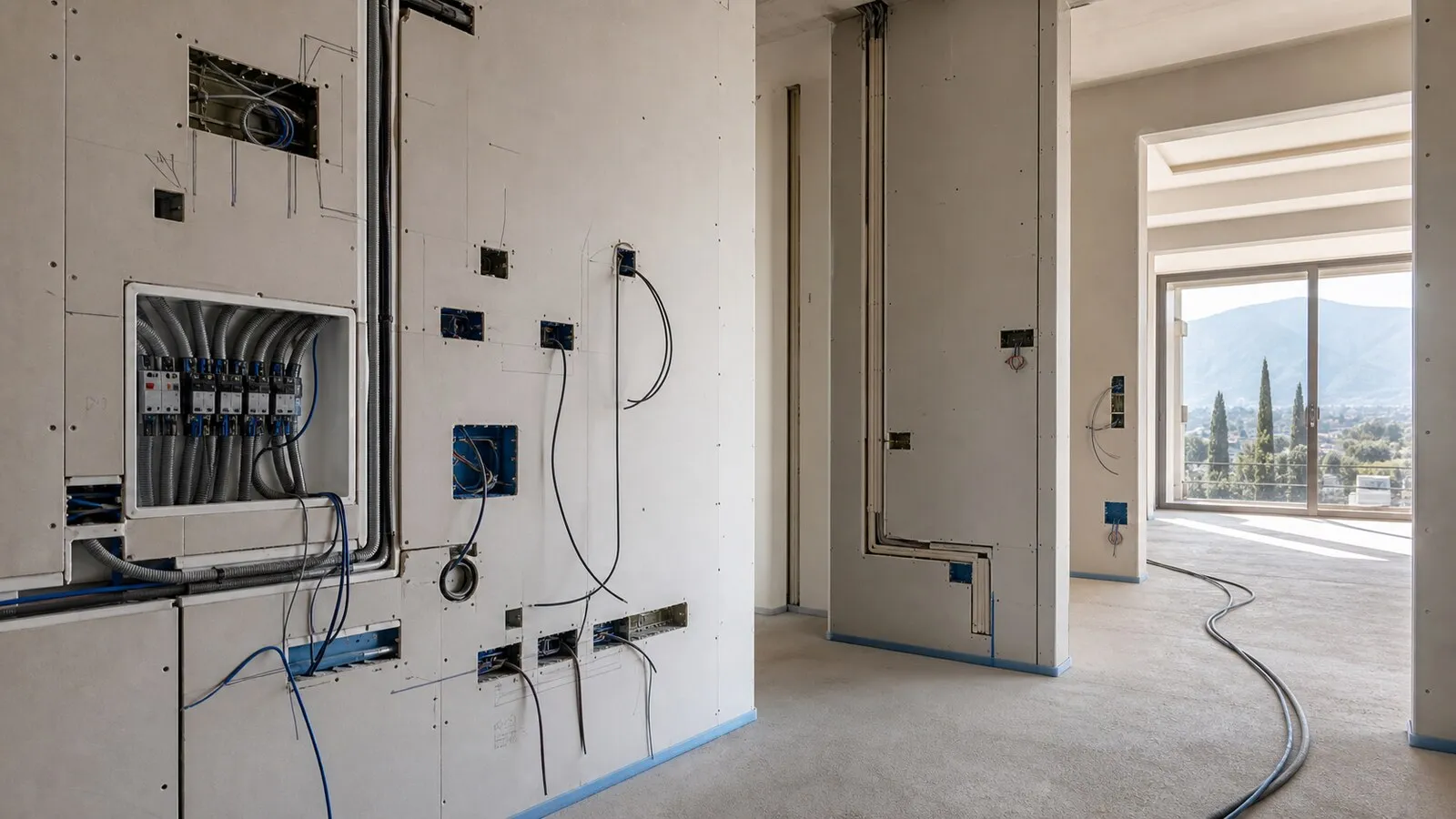 Cantiere residenziale ordinato con corrugati colorati, scatole per keypad e linee dati pronte nelle pareti