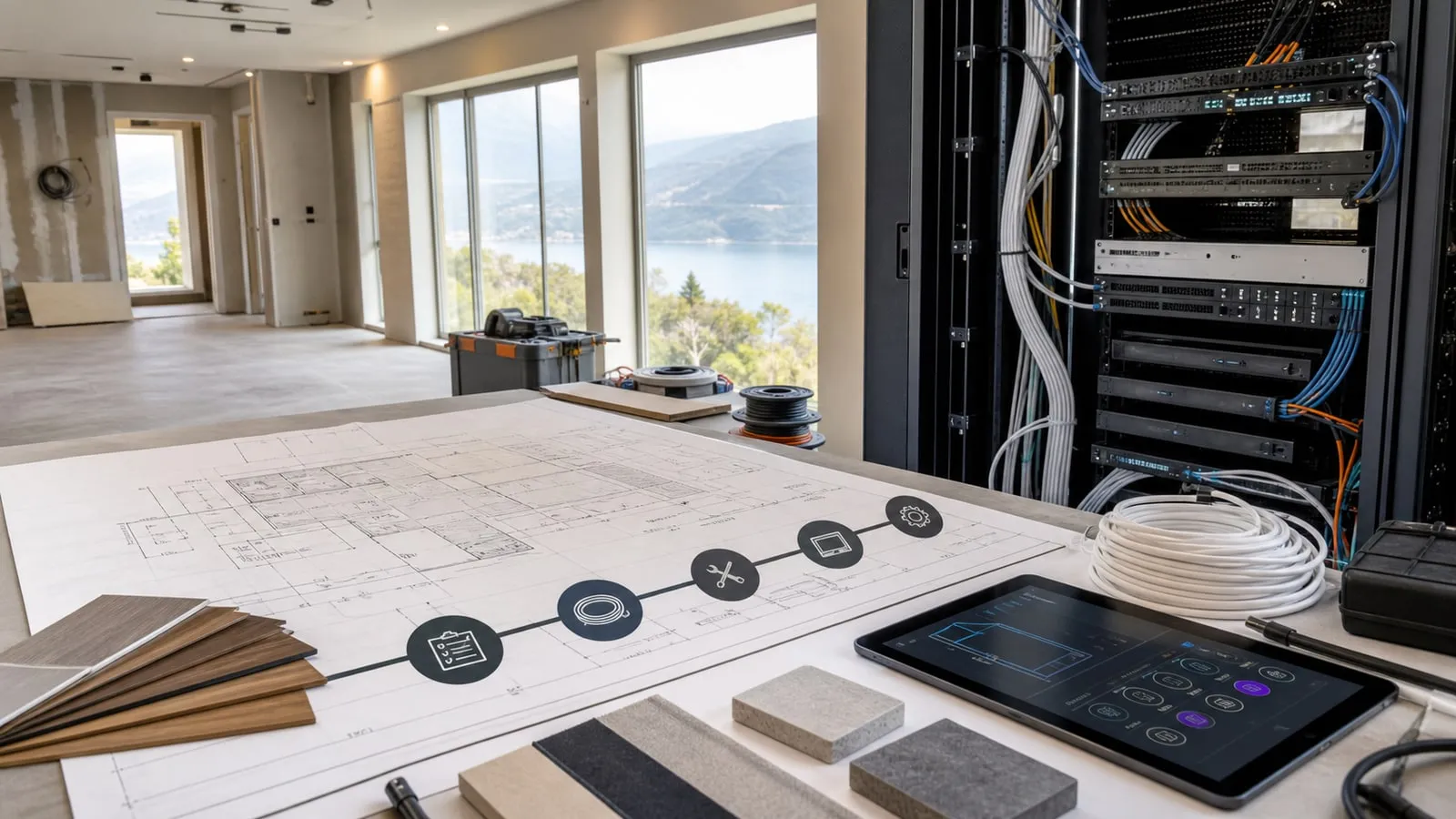 Locale tecnico e tavolo di progetto con rack, cablaggi ordinati e tablet di collaudo per una villa smart