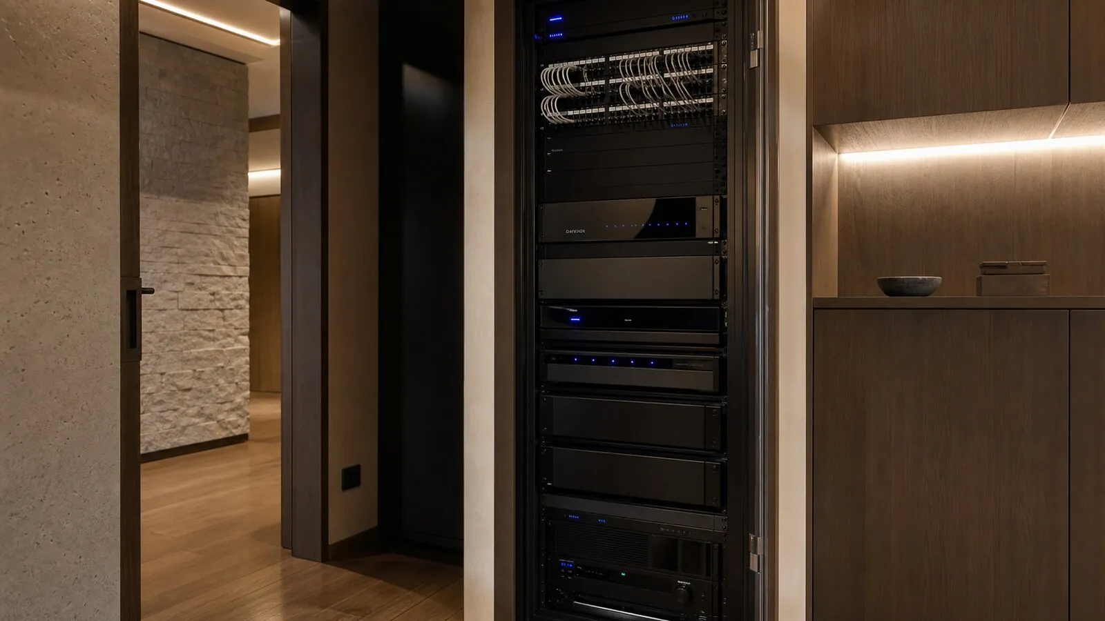 Rack tecnico residenziale con patch panel, switch, amplificatori e alimentazione ordinata in locale ventilato